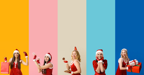 Sticker - Set of beautiful young women dressed as Santa Claus on colorful background