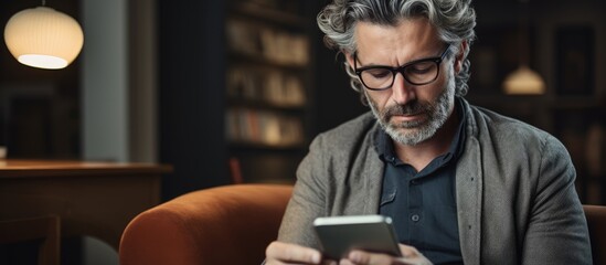 Poster - Middle-aged man receiving sad news on the phone - Serious middle-aged man receiving sad news on phone. Concerned man reading news online looking at phone screen, Caucasian sitting on sofa at home -