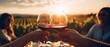 © David - Blurred image of friends toasting wine in a vineyard in the daytime outdoors. Happy friends having fun outdoors in vineyard