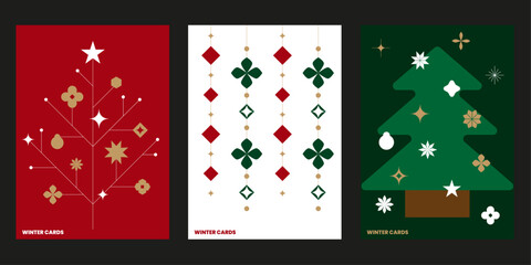 Fototapete - Christmas tree cards set Xmas mobile printing poster elements decorate paper postcard design winter snow snowman holiday season vector illustration gift present snow flower 크리스마스 엽서 카드 포스터