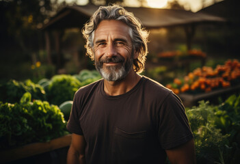 Wall Mural - Mature man watches the sunset in his field