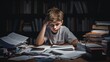 A child sits among a pile of books and papers, looking exhausted and stressed, a scene capturing the pressures of education, educational resources, mental health awareness