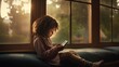 A curly-haired child is engrossed in a smartphone by a large window with a view of nature, juxtaposing technology with the outdoors, discussions on screen time, nature versus technology,