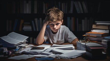 Wall Mural - A child sits among a pile of books and papers, looking exhausted and stressed, a scene capturing the pressures of education, educational resources, mental health awareness