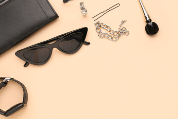 Poster - Composition with stylish sunglasses, modern smartwatch and female accessories on beige background