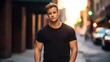 © David - Male model in a classic black cotton T-shirt on a city street