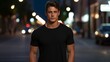 © David - Male model in a classic black cotton T-shirt on a city street