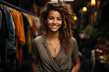 Wall Mural - Portrait of smiling brunette model which buys a dress