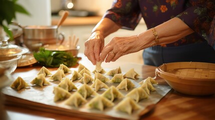 Wall Mural - An asian chinese senior woman preparing zongzi chinese dumpling in her kitchen putting ingredient and wrapping it preparing for duanwu festival

