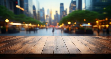 Wall Mural - Empty wooden table with blurred street background