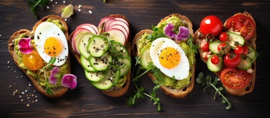 Wall Mural - Delicious heart-shaped breakfast toasts with fresh, healthy ingredients.