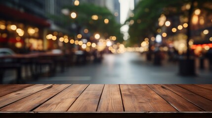 Wall Mural - Empty wooden table with blurred street background