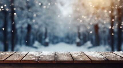 Wall Mural - Snowy empty wooden table with blurred Christmas background