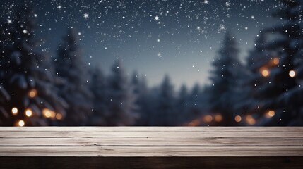 Snowy empty wooden table with blurred Christmas background