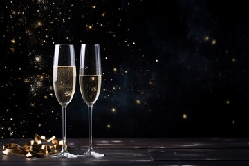 champagne glasses with stars on glitter bokeh background