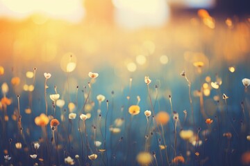 Beautiful meadow with wild flowers over sunset sky. Beauty nature field background with sun flare. Bokeh, silhouettes of wild grass and flower. Beautiful summer or autumn nature banner