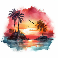 Wall Mural - hawaii painting paradise seascape rest resort tropic palm watercolor sunrise horizon purple 