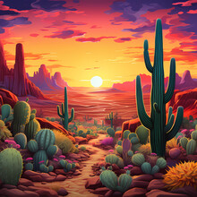 A Surreal Desert With Giant Cacti And A Vibrant Sunset.