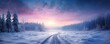 Banner with winter panorama landscape. Forest, trees and road covered snow. Sunrise, winterly morning of a new day. Purple landscape with sunset. Happy New Year and Christmas concept