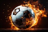 Fototapeta Fototapety sport - Soccer ball in action, The ball travels with lightning speed and glowing orange flame effects. Fire soccer ball effect with fire.by generated AI