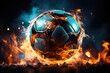 Soccer ball in action, The ball travels with lightning speed and glowing orange flame effects. Fire soccer ball effect with fire.by generated AI