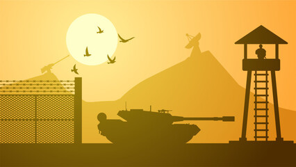 Military base landscape vector illustration. Silhouette of at military base with tank and watchtower. Military landscape for background, wallpaper or illustration