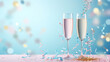 Two glasses of champagne with confetti and ribbons on blue background