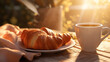 fresh breakfast with hot coffee and croissant in morning