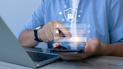 Poster - Businessman use secure laptop encryption technology, protect business and financial transaction data from cyber attacks, intelligent protection digital attacks. Cybersecurity and data protection.
