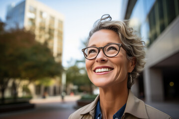 Wall Mural - mature businesswoman smiling and walking outside of office building in sunny city