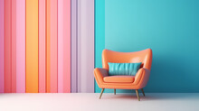 
Pastel Multi Colour Vibrant Groovy Retro Striped Background Wall Frame With Bright Armchair Decor. Mock Up Template For Product Presentation.