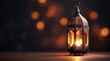 Beautiful Burning Arabic Lantern On Wooden Table, Ramadan Background With Copy Space For Text