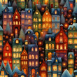 Stylized abstract snowy winter, Christmas decorated fairy fantasy houses background