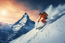 Sportman Playing Ski On Mountain In The Winter