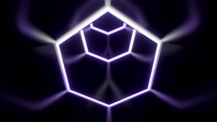 Poster - Flying inside dark virtual tunnel with neon hexagonal grid. Design. Bright neon grid of hexagons in the endless bending corridor.