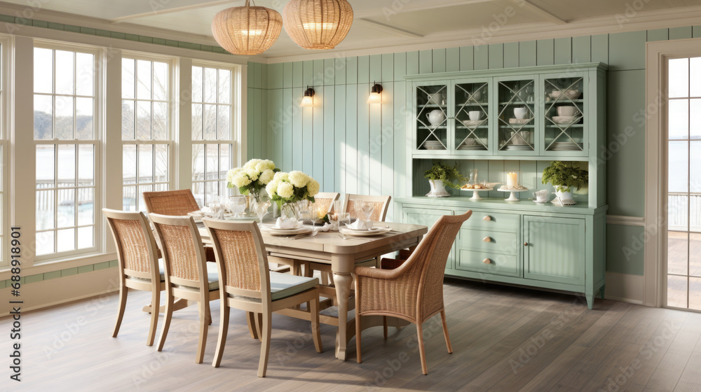 Dining room interior in a lakehouse cottage Stock Photo | Adobe Stock