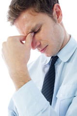 Sticker - Digital png photo of worried caucasian businessman holding nose on transparent background