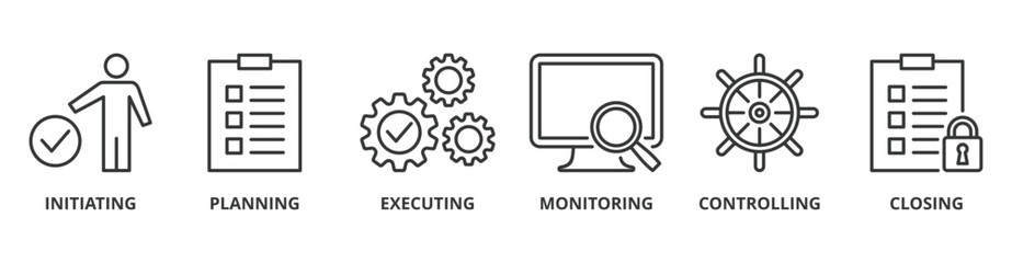 Project management banner web icon vector illustration concept with icon of scope, human resources, time, communication, quality, cost, procurement, and risk
