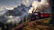 A steam locomotive with red trailers drives through the mountains