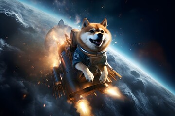 Wall Mural - shiba inu crypto coin currency bullish mooning market shibarium wallpaper background article lighting speed flying high up in a rocket space ship elon musk pumping corgi