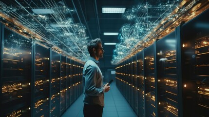 Leinwandbilder - Data Center Chief Technology Officer Using Laptop working In Modern Data Technology Center, Big Data Protection, Storage, Cloud Computing.