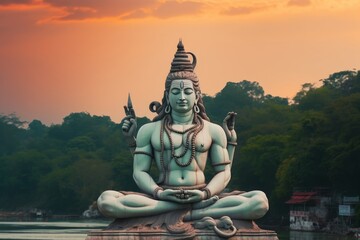 Statue of meditating Hindu god Shiva on the Ganges River at Rishikesh village in India, Generative AI