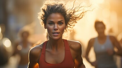 Wall Mural - A determined young woman sprinting with unwavering focus through the exhilarating challenges of a marathon race.