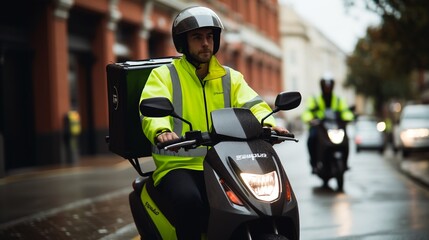 Food delivery scooter driver with backpack on his way to deliver food. Courier on scooter delivering food. Quick shipping of goods to customers