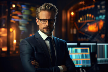 Poster - Businessman in a confident pose in front of computer displays with graphs and numbers.