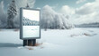 Werbeplakat digitaler Werbeaufsteller mitten in der Natur im Winter Plakatwerbung Vorlage weiß blanko Werbeträger Werbetafel Platzhalter für Text oder Bild Generative AI 