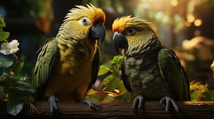 Wall Mural - Two green parrots sitting on a branch next to each other, tropical exotic birds