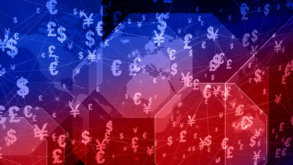 Wall Mural - Currency symbols on blue world map euro, yuan, pound, dollar, yen. international finance news, global reports, banking patterns, and business investments