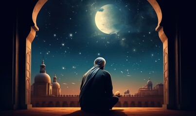 muslim old man praying on a mosque with starry and crescent moon moon night. Generative AI