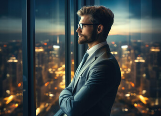 Wall Mural - The outstanding entrepreneur stood in front of the office window, Looking out at the bustling city.